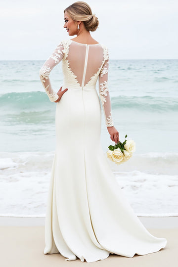 Ivory Mermaid Satin Long Sleeve Wedding Dress With Lace